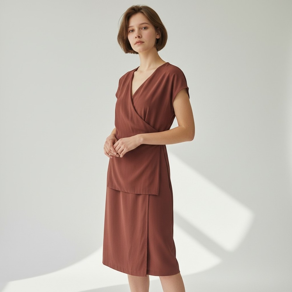 MM.LaFleur Etsuko Dress 16 Burgundy Maroon Faux Wrap Quiet Luxury Work Travel